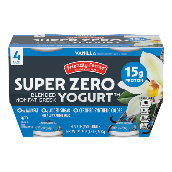 Friendly Farms Super Zero Vanilla Blended Nonfat Greek Yogurt - 4 Pack 5.3 oz