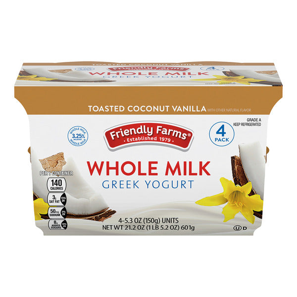 Friendly Farms Toasted Coconut Vanilla Whole Milk Greek Yogurt - 4 Pack 5.3 oz