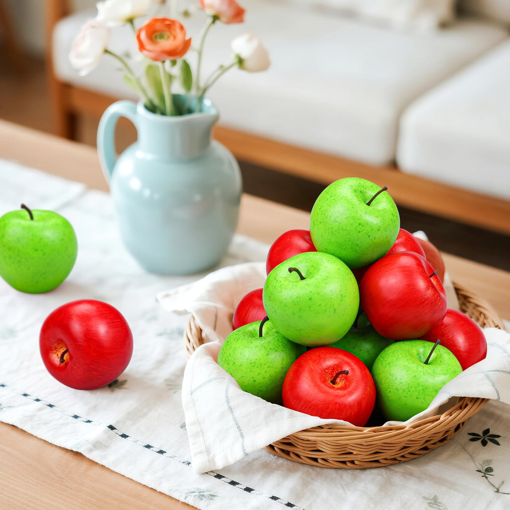 Lorigun 20 Pcs Fake Apples, Artificial Fruits Faux Red Apples for Home Decoration Christmas Party Lifelike Apple for Crafts, Fake Fruits for Kitchen Display Photography Prop, 10 Red+10 Green