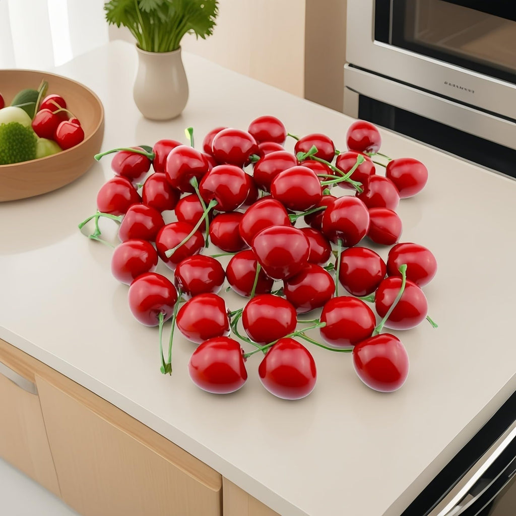 20PCS Realistic Artificial Cherries, Fake Fruit Decor - Lifelike Red Cherry for Kitchen, Party, Wedding, Table Centerpiece, Photography Props, DIY Crafts - Non-Toxic PVC, Bulk Fake Cherries
