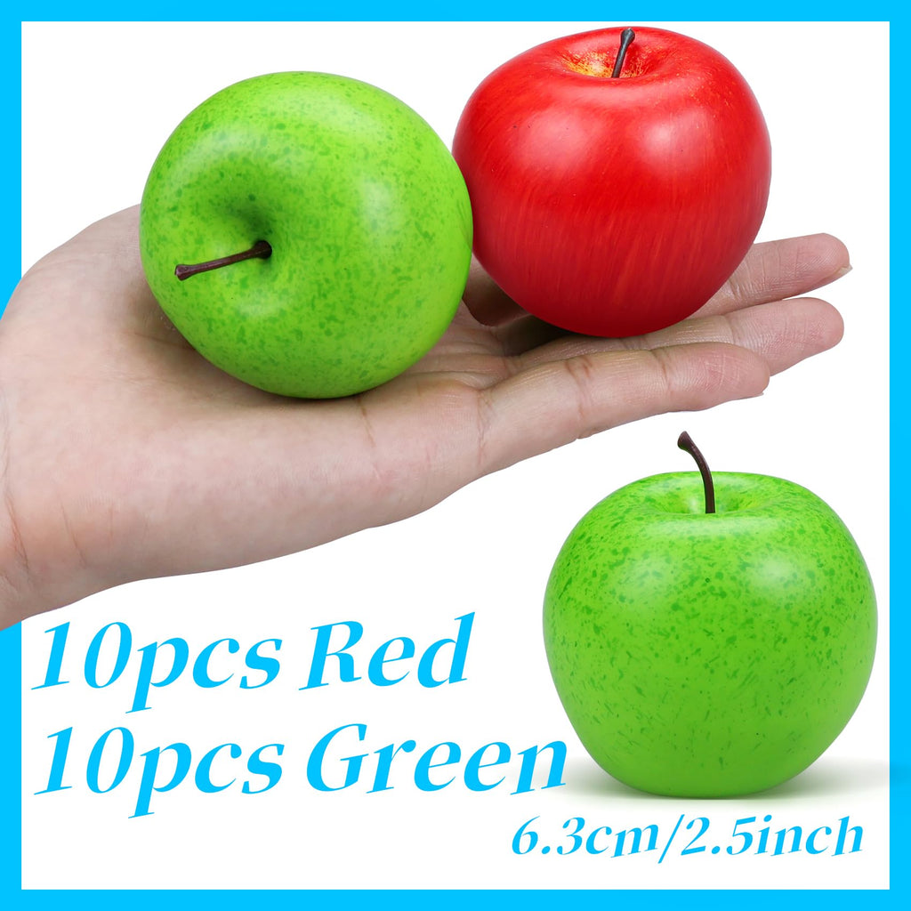 Lorigun 20 Pcs Fake Apples, Artificial Fruits Faux Red Apples for Home Decoration Christmas Party Lifelike Apple for Crafts, Fake Fruits for Kitchen Display Photography Prop, 10 Red+10 Green