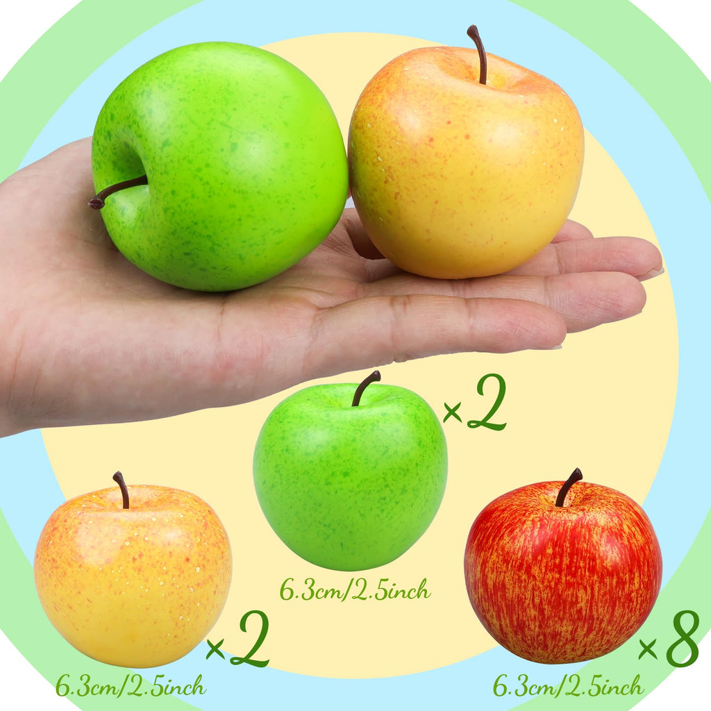 Lorigun 12 Pcs Artificial Apples, Fake Fruits Faux Apples for Home Decoration Christmas Party Lifelike Apple for Crafts, Fake Fruits for Kitchen Display Photography Prop, 8 Red+2 Yellow+2 Green