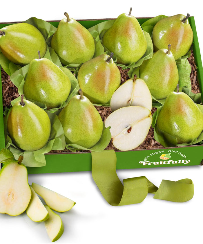 A Gift Inside Organic D’Anjou Pear Gift Basket, 11 Count Fresh Organic Pears, Premium Fruit Gift for Any Occasion, Earth-Friendly Gift Box with Signature Bow