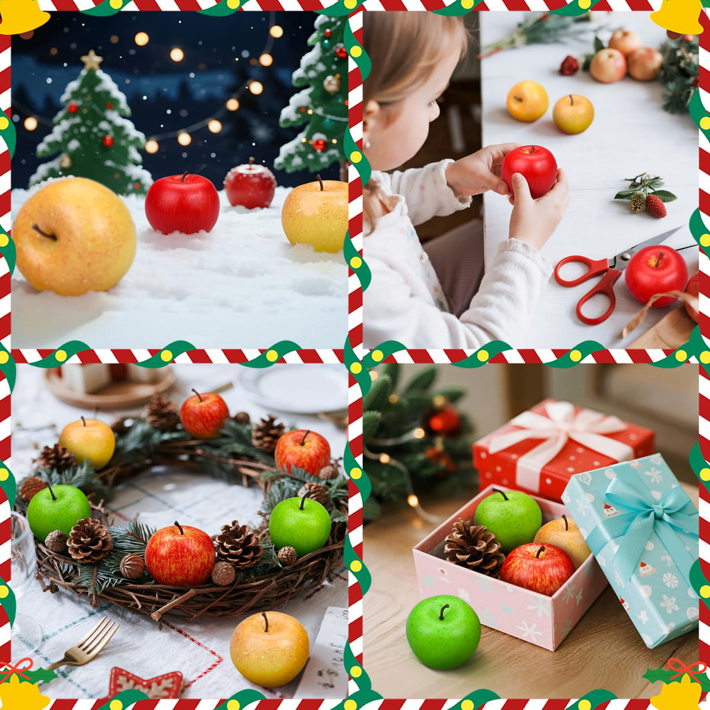 Lorigun 12 Pcs Artificial Apples, Fake Fruits Faux Apples for Home Decoration Christmas Party Lifelike Apple for Crafts, Fake Fruits for Kitchen Display Photography Prop, 8 Red+2 Yellow+2 Green
