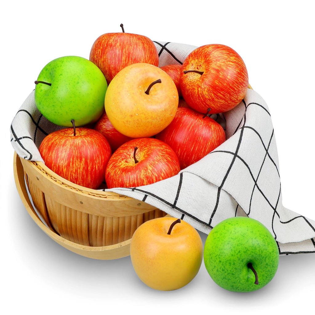 Lorigun 12 Pcs Artificial Apples, Fake Fruits Faux Apples for Home Decoration Christmas Party Lifelike Apple for Crafts, Fake Fruits for Kitchen Display Photography Prop, 8 Red+2 Yellow+2 Green