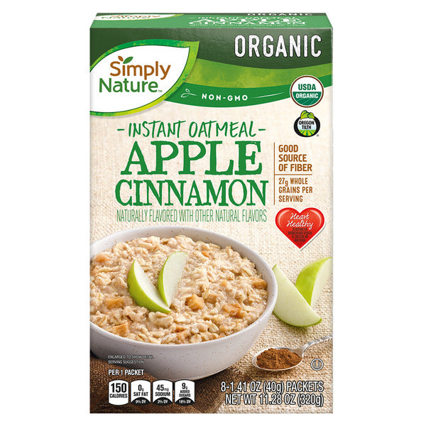 Simply Nature Organic Apple Cinnamon Instant Oatmeal Packets, 8 count 11.29 oz