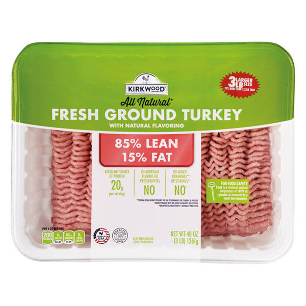 Kirkwood USDA Fresh Ground Turkey 85% Lean 15% Fat 48 oz