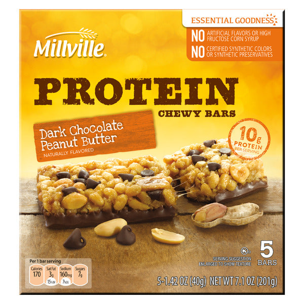 Millville Dark Chocolate Peanut Butter Protein Chewy Granola Bars, 5 count 5 oz