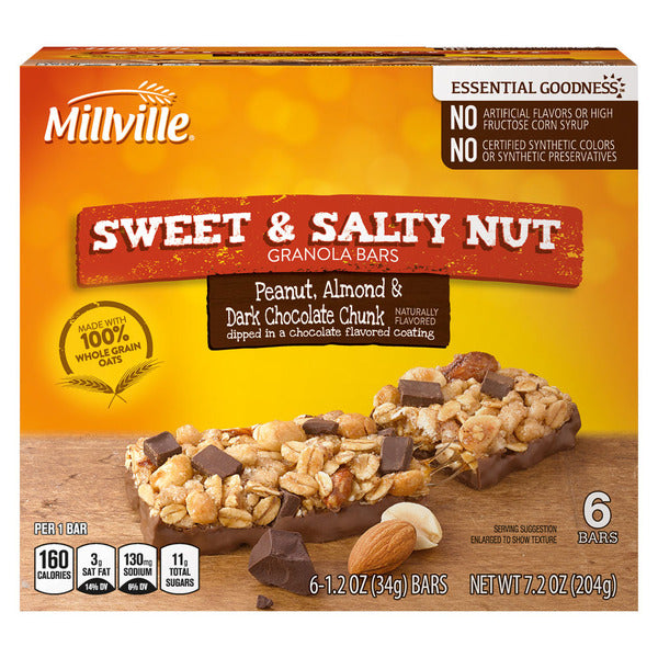 Millville Sweet & Salty Nut Peanut, Almond & Dark Chocolate Chunk Bars, 6 count 7.4 oz