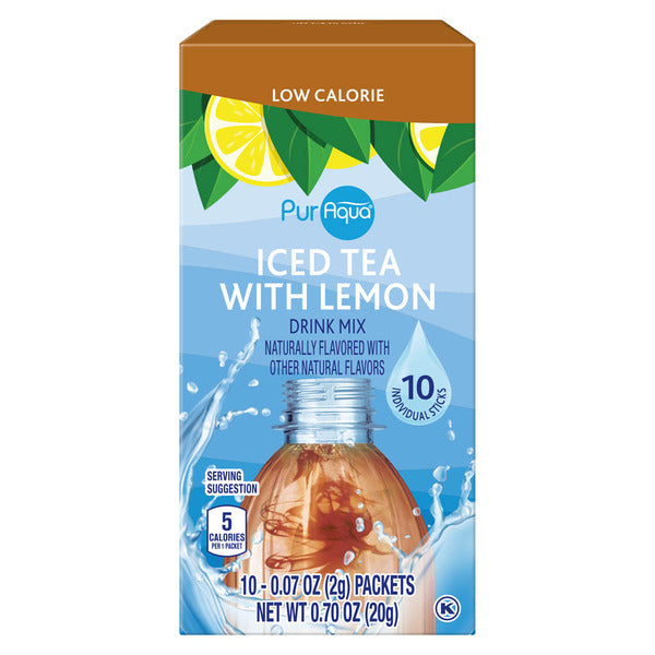 Puraqua Low Calorie Iced Tea with Lemon Drink Mix Sticks - 10 Count 0.8 oz