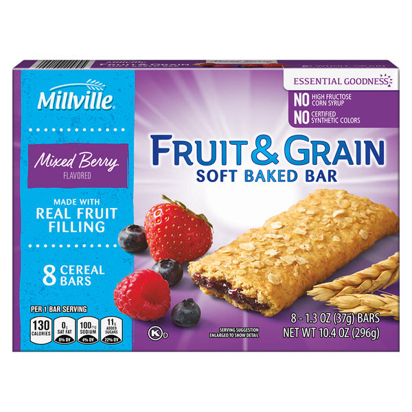 Millville Mixed Berry Fruit and Grain Cereal Bars, 8 count 10.4 oz