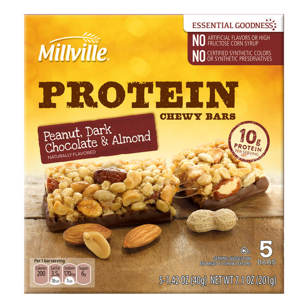 Millville Peanut, Dark Chocolate & Almond Protein Chewy Granola Bars, 5 count 1.42 oz