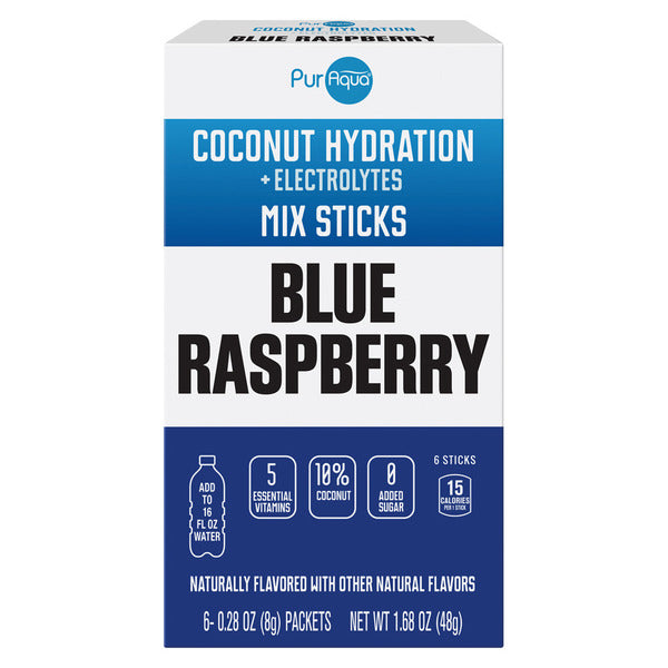 Puraqua Blue Raspberry Coconut Hydration Mix Sticks - 6 Count 1.5 oz
