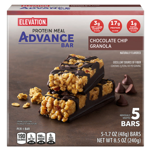 Elevation Chocolate Chip Granola Advance Meal Bars, 5 coElevation Chocolate Chip Granola Advance Meal Bars, 5 count Elevation Chocolate Chip Granola Advance Meal Bars, 5 count 1.7 ozunt Elevation Chocolate Chip Granola Advance Meal Bars, 5 count 1.7 oz