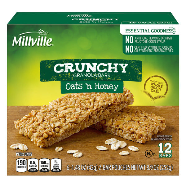 Millville Oats 'n Honey Crunchy Granola Bar- 2 packs, 6 count 8.9 oz
