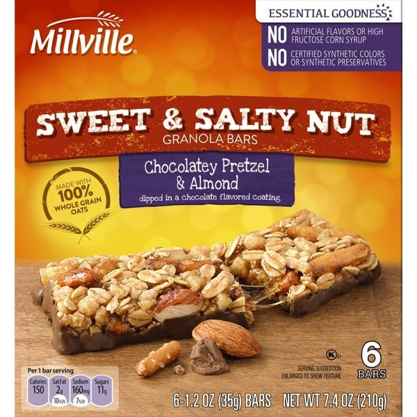 Millville Sweet and Salty Nut Chocolatey Pretzel and Almond Granola Bars, 6 count 7.4 oz